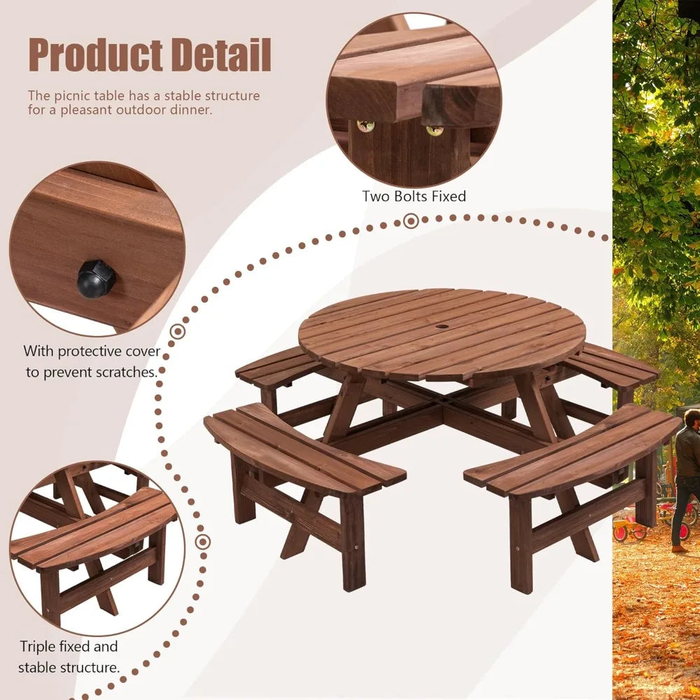 Outdoor Picnic Table with Umbrella Hole, Round Wood Dining Set for Patio Garden Backyard, Solid Fir Wood with 4 Benches