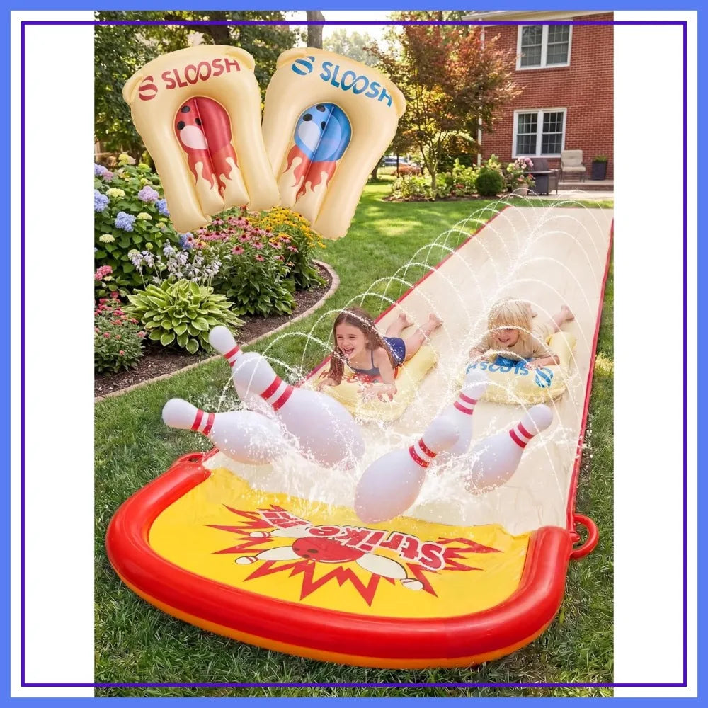 20FT Lawn Water Slide Bowling Game Set with 2 Bodyboards, Summer Slip Waterslide Toy with Built-in Sprinkler for Backyard Outdoor Fun