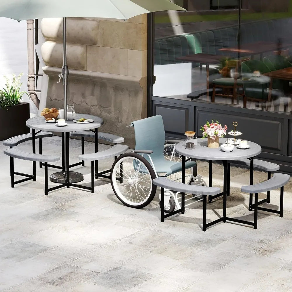 Outdoor Picnic Table with Benches, 8-Person Round Dining Set, Metal Frame & HDPE Top, Umbrella Hole for Patio Lawn