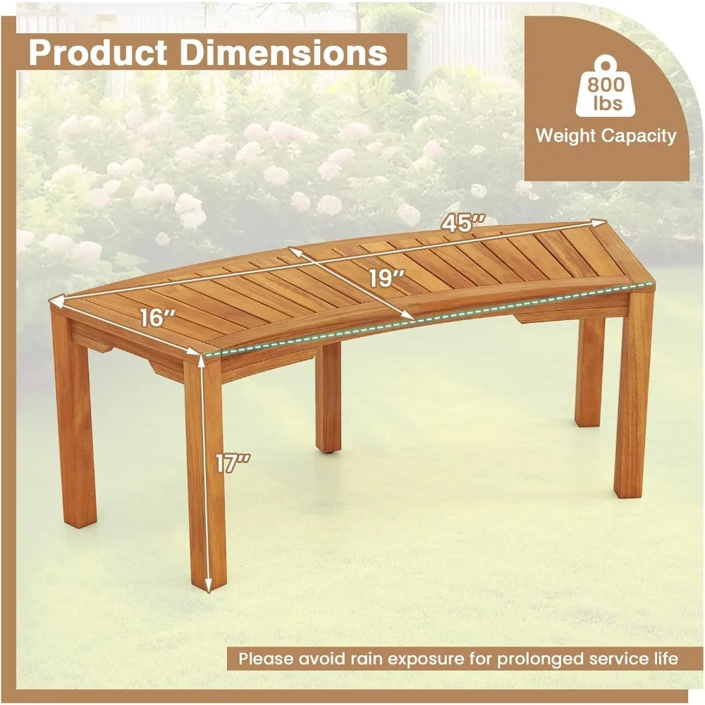 Moccha Outdoor Curved Bench, Acacia Wood Fire Pit Bench w/Slatted Seat, Loveseat, Outside Chair, Patio Backless 2-Person Seating
