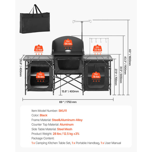 VEVOR Camping Kitchen Table Aluminum Portable Cook Station with 3 Storage Cupboard Carrying Bag Quick Set-up for BBQ Picnic