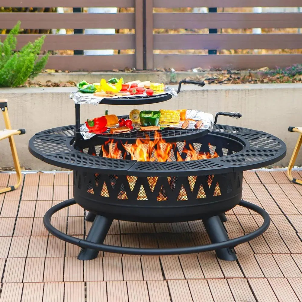 42 Inch Fire Pit with 2 Grills, Large Outdoor Firepits for Outside, Wood Burning Fireplace for Camping,Picnic,Bonfire, 3-in-1 Ro