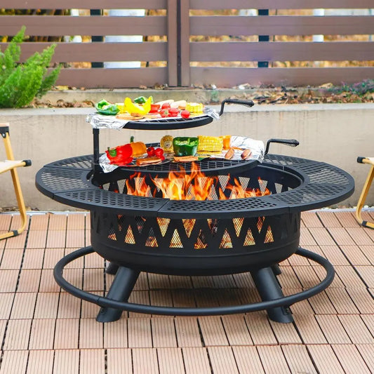 42 Inch Fire Pit with 2 Grills, Large Outdoor Firepits for Outside, Wood Burning Fireplace for Camping,Picnic,Bonfire, 3-in-1 Ro