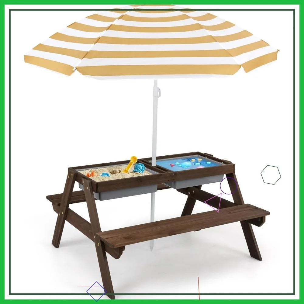 4-in-1 Kids Picnic Table with Sand Water Play, Adjustable Umbrella, Wooden Outdoor Activity Set for Backyard Garden