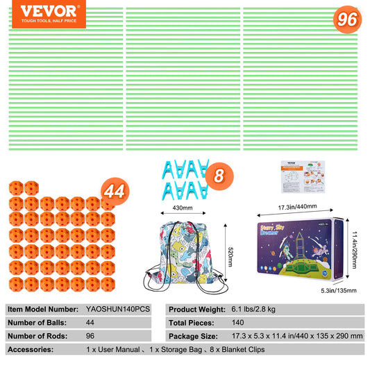 SucceBuy Fort Building Kit Children's DIY Indoor Castle Beading Stem with 96 Rods and 44 Balls Play Tent Toy for 4+ Kids Gifts