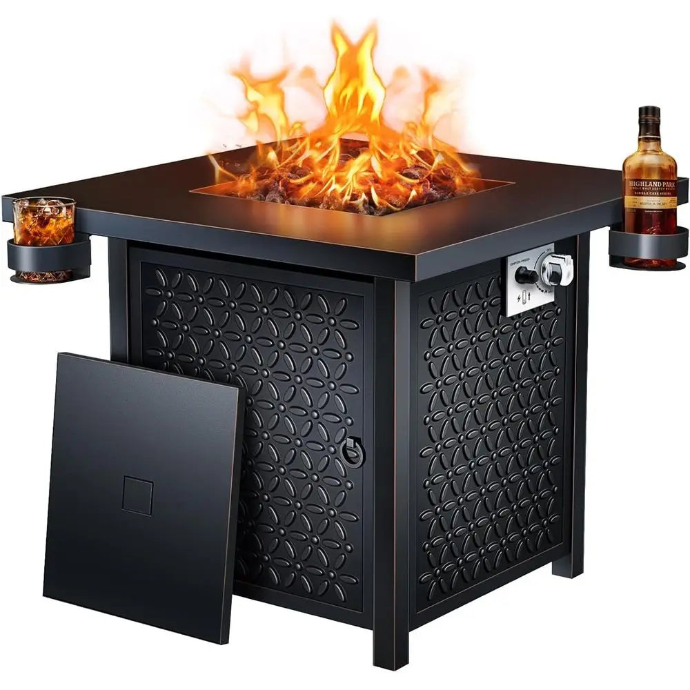 32 Outdoor Gas Fire Pit, 50,000 BTU, Black Steel Table with Lid & Lava Rocks for Patio, Deck, or Garden