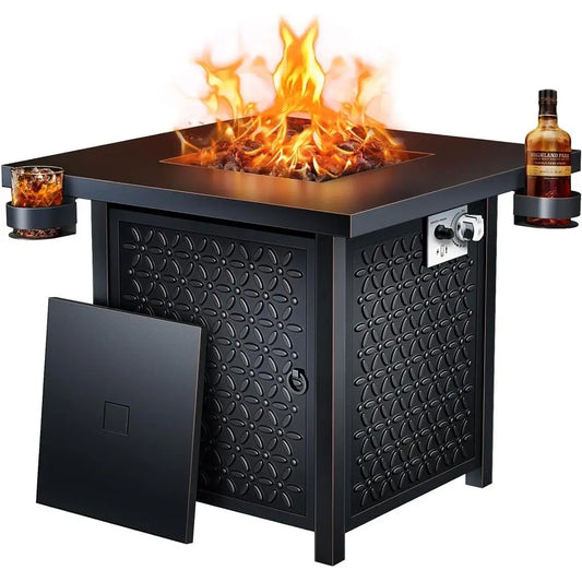 32 Outdoor Gas Fire Pit, 50,000 BTU, Black Steel Table with Lid & Lava Rocks for Patio, Deck, or Garden