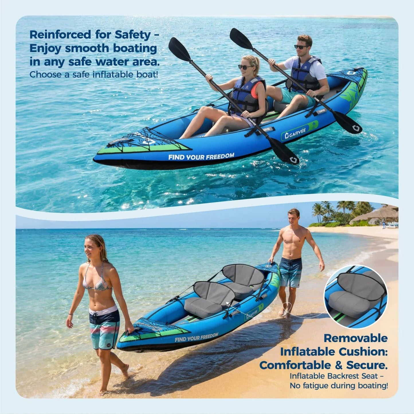 2 Person Inflatable Kayak, Fishing Kayak, Portable Touring Kayaks with Padded Seat, 3 Fins, Hand Pump, Carry Bag, Repair Kit