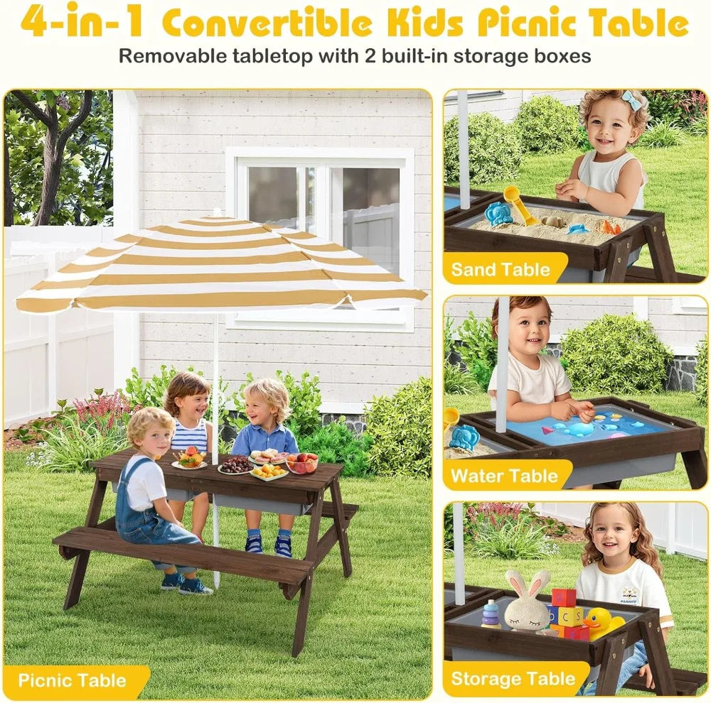 4-in-1 Kids Picnic Table with Sand Water Play, Adjustable Umbrella, Wooden Outdoor Activity Set for Backyard Garden