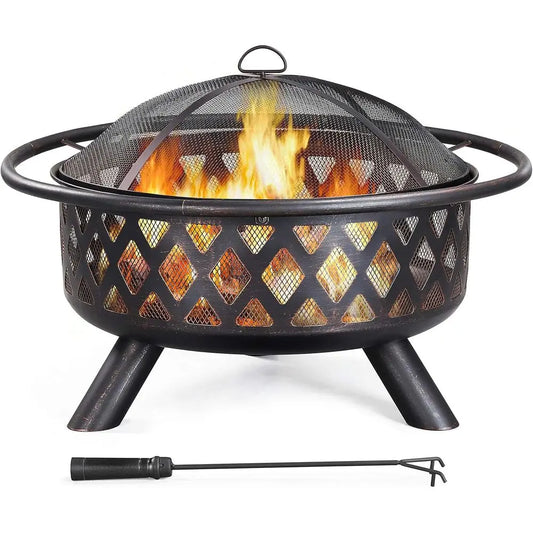 36 Outdoor Wood-Burning Fire Pit with Mesh Screen, Poker, and Rain Cover for Patio BBQ and Bonfires