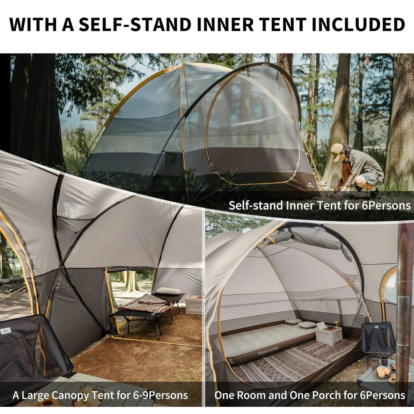 Naturehike KOTA6 Tunnel Tent 75D One Room One Living Room Large Space 4 SeasonTent Outdoor Travel Waterproof Tents With Chimney
