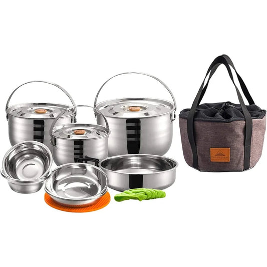 CAMPINGMOON Camping Cookware Set Stainless Steel Outdoor Nesting Cooking Mess Kit Pots Pans Bowls with Storage Carrying Tote Ba