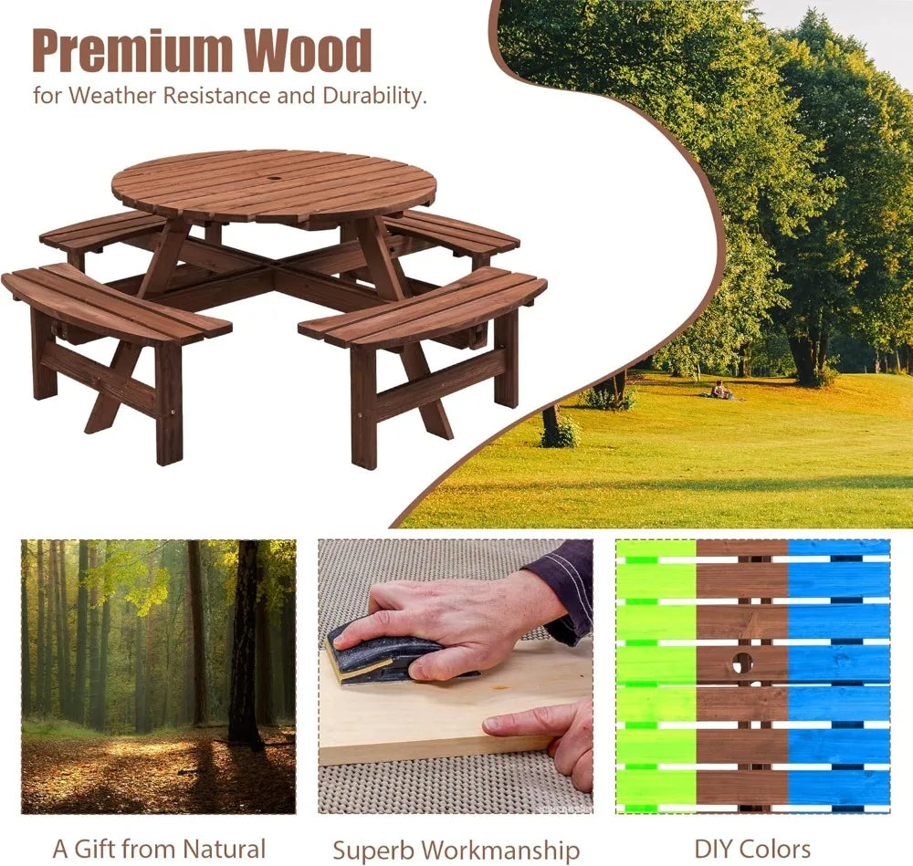Outdoor Picnic Table with Umbrella Hole, Round Wood Dining Set for Patio Garden Backyard, Solid Fir Wood with 4 Benches