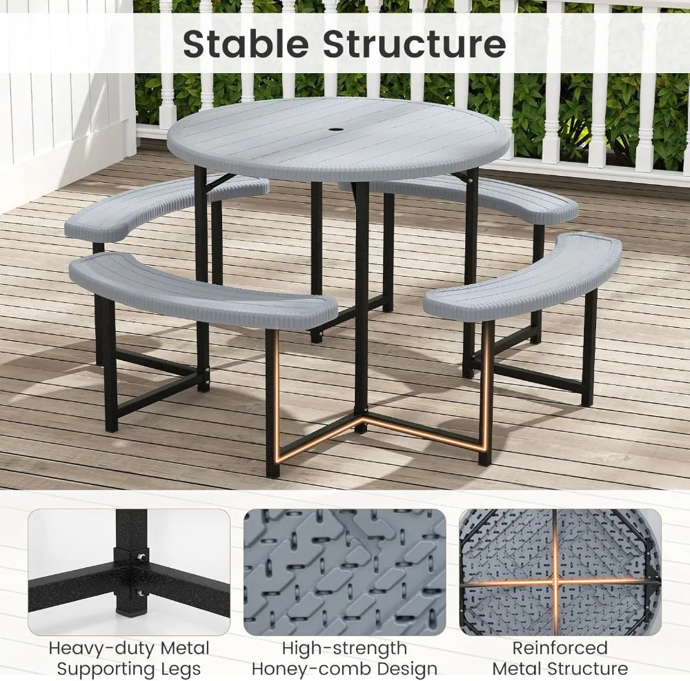 Outdoor Picnic Table with Benches, 8-Person Round Dining Set, Metal Frame & HDPE Top, Umbrella Hole for Patio Lawn