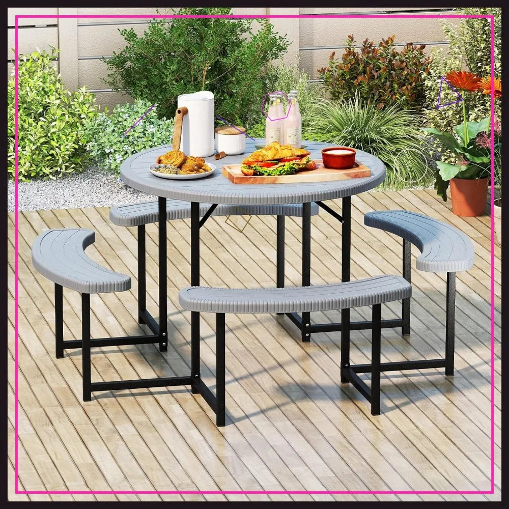 Outdoor Picnic Table with Benches, 8-Person Round Dining Set, Metal Frame & HDPE Top, Umbrella Hole for Patio Lawn