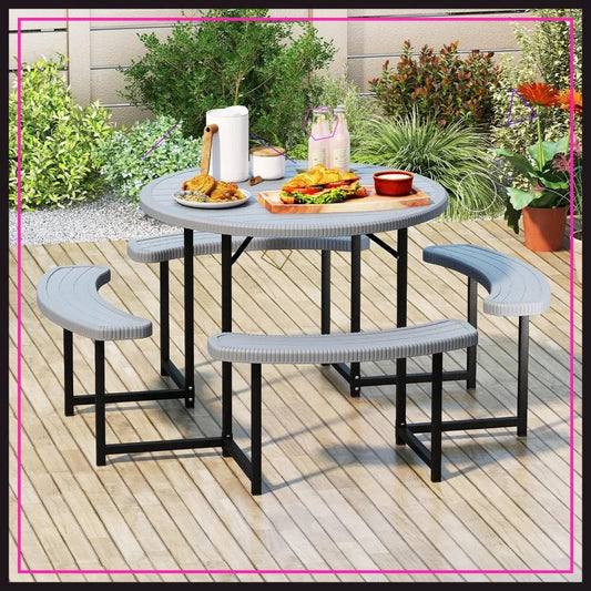 Outdoor Picnic Table with Benches, 8-Person Round Dining Set, Metal Frame & HDPE Top, Umbrella Hole for Patio Lawn