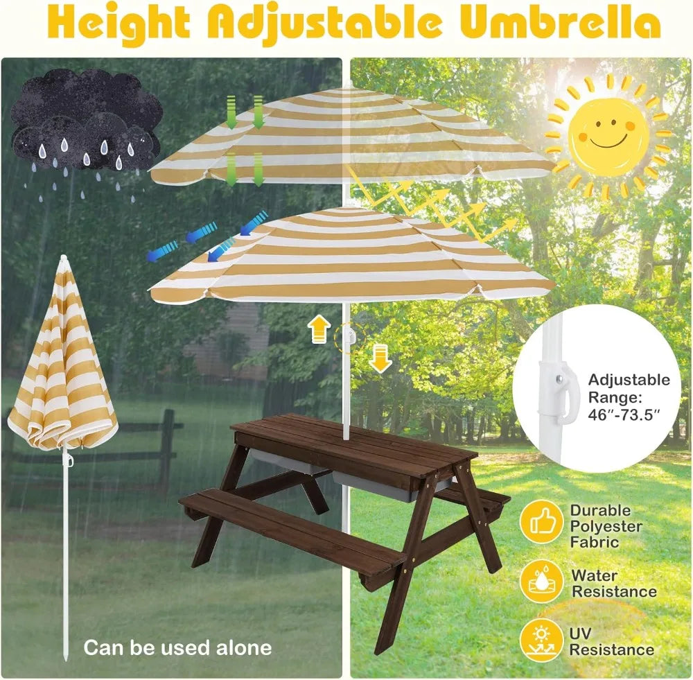 4-in-1 Kids Picnic Table with Sand Water Play, Adjustable Umbrella, Wooden Outdoor Activity Set for Backyard Garden