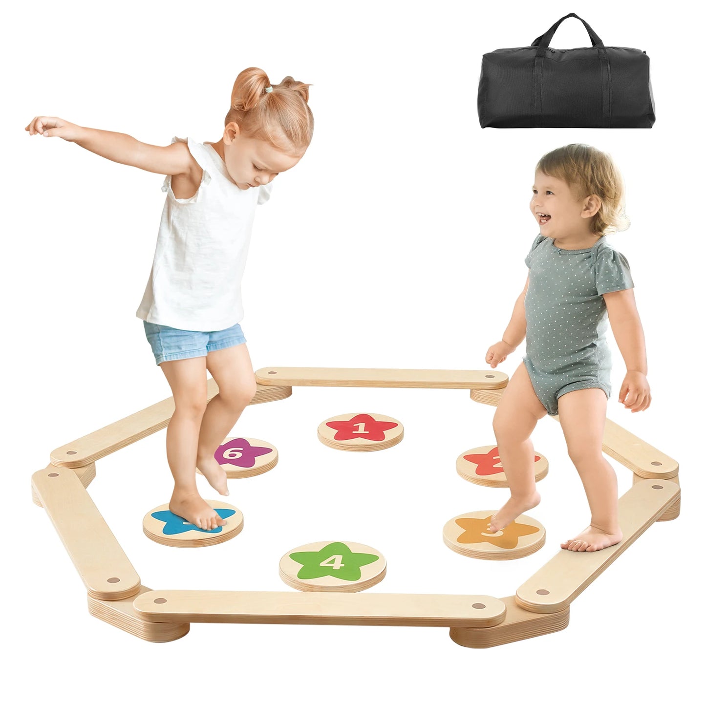 SucceBuy 6PCS Kids Balance Beam Stepping Stones Wooden Toddler Balance Boards Indoor/Outdoor Montessori Toy for Children Gifts