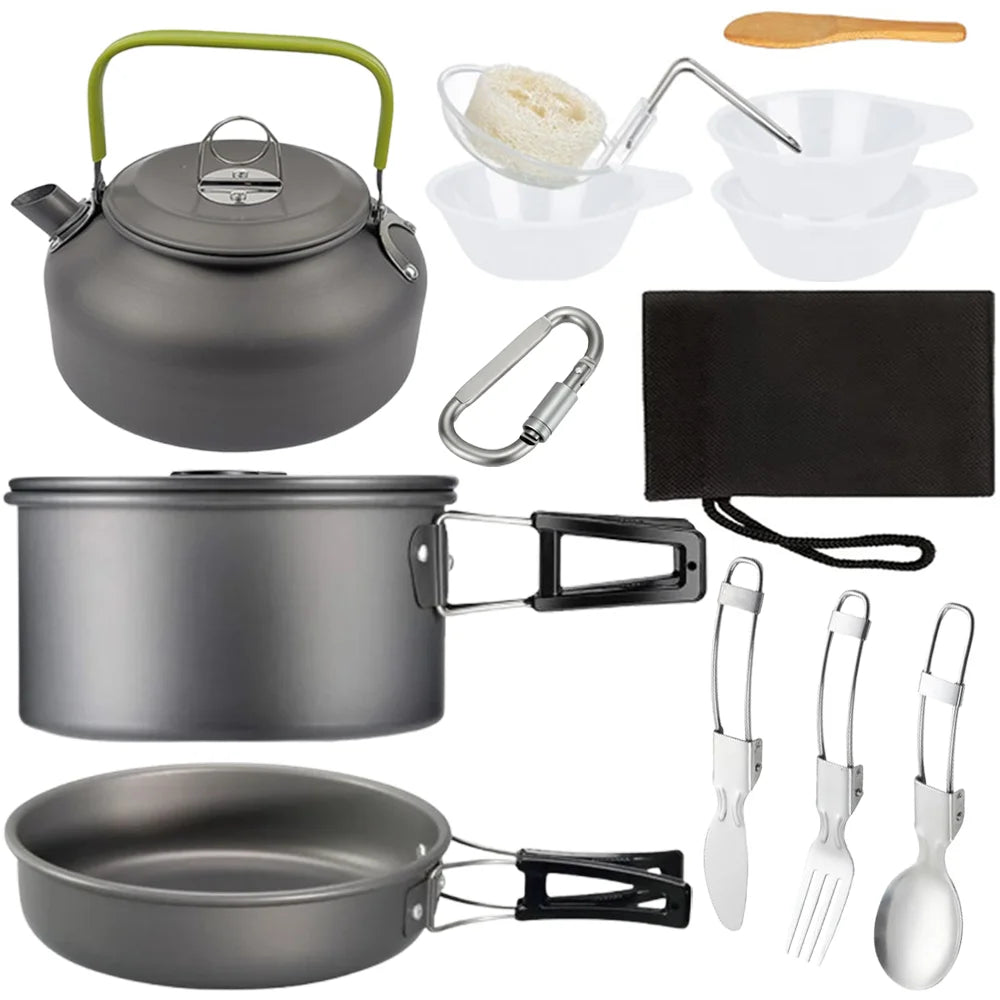 Outdoor camping cookware set made of aluminum alloy material not easy to stick to the pot nested packaging convenient to carry