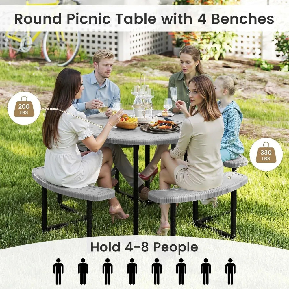 Outdoor Picnic Table with Benches, 8-Person Round Dining Set, Metal Frame & HDPE Top, Umbrella Hole for Patio Lawn