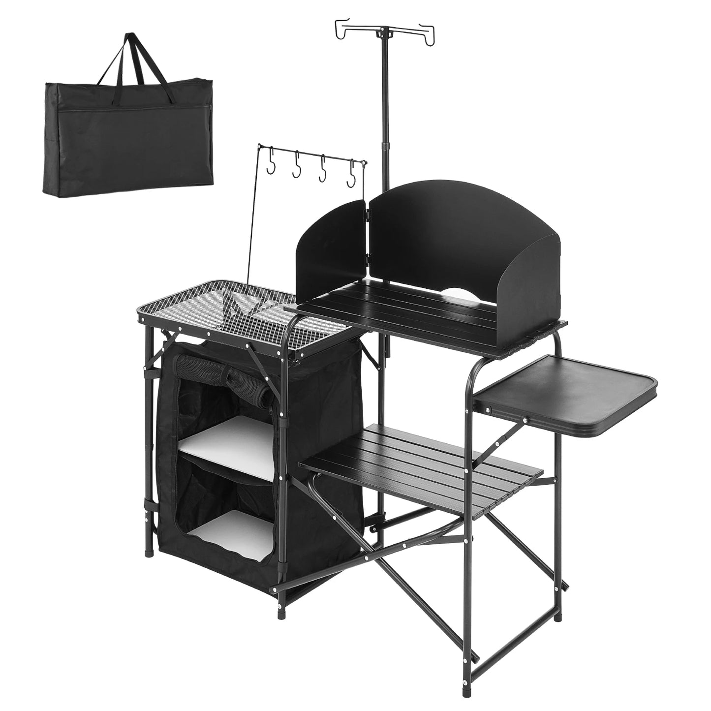 SucceBuy Camping Kitchen Table Folding Camp Cook Station Aluminum Portable Cook Station with Cupboard, Carrying Bag Windscreen