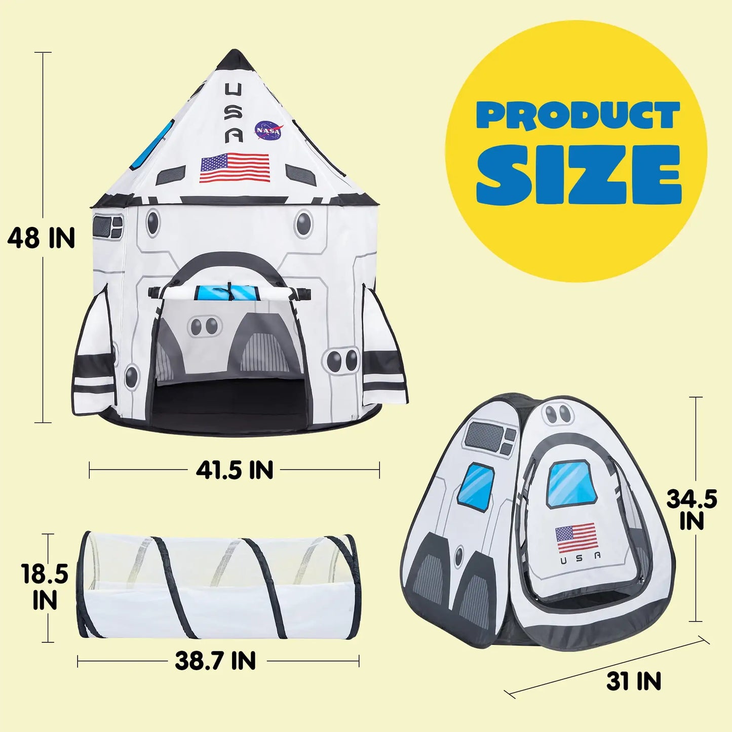 Joyfy Rocket Ship Play Tents Set Pop up Play house with Tunnel 3-Piece Play Tent for Kids Pretend Play Birthday Gift