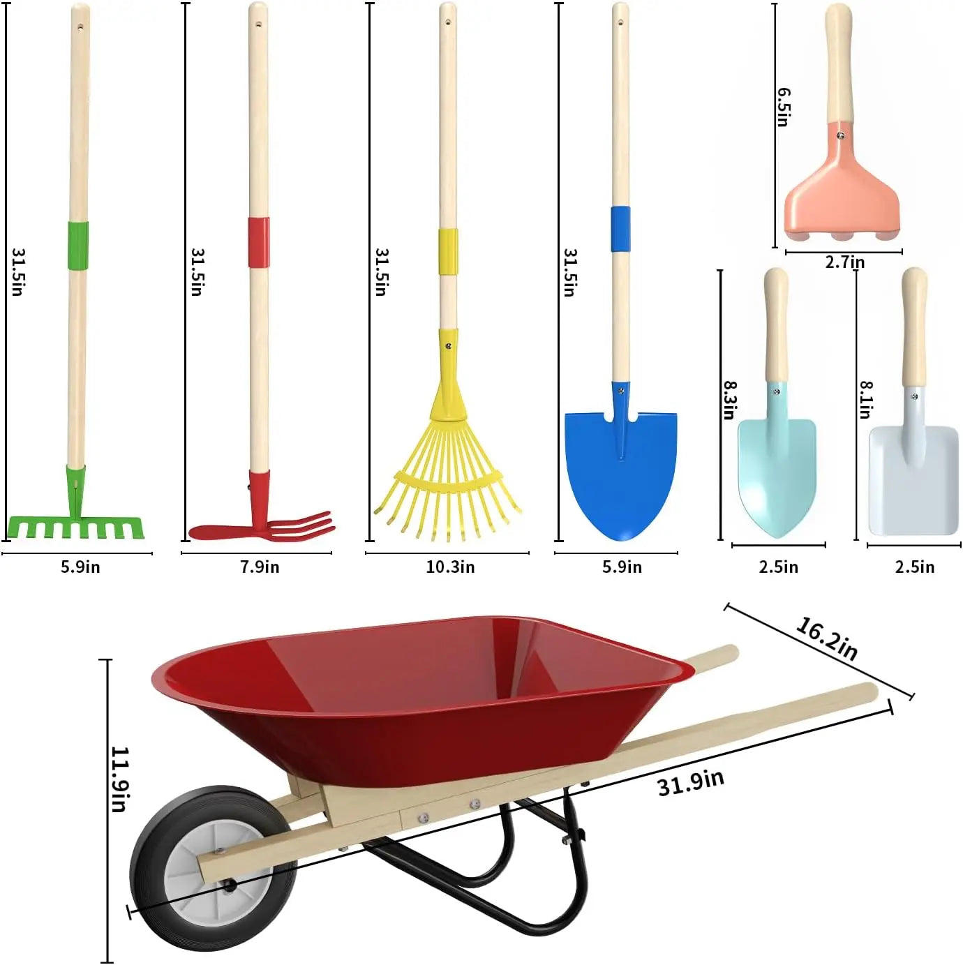 Kids Wheelbarrow Set with Gardening Tools for Outdoor Backyard Play, Toddlers Boys Girls 3-8, Easter Birthday Gifts
