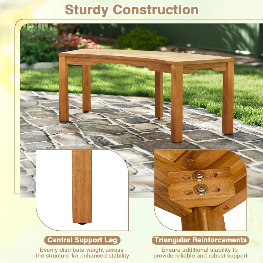 Moccha Outdoor Curved Bench, Acacia Wood Fire Pit Bench w/Slatted Seat, Loveseat, Outside Chair, Patio Backless 2-Person Seating