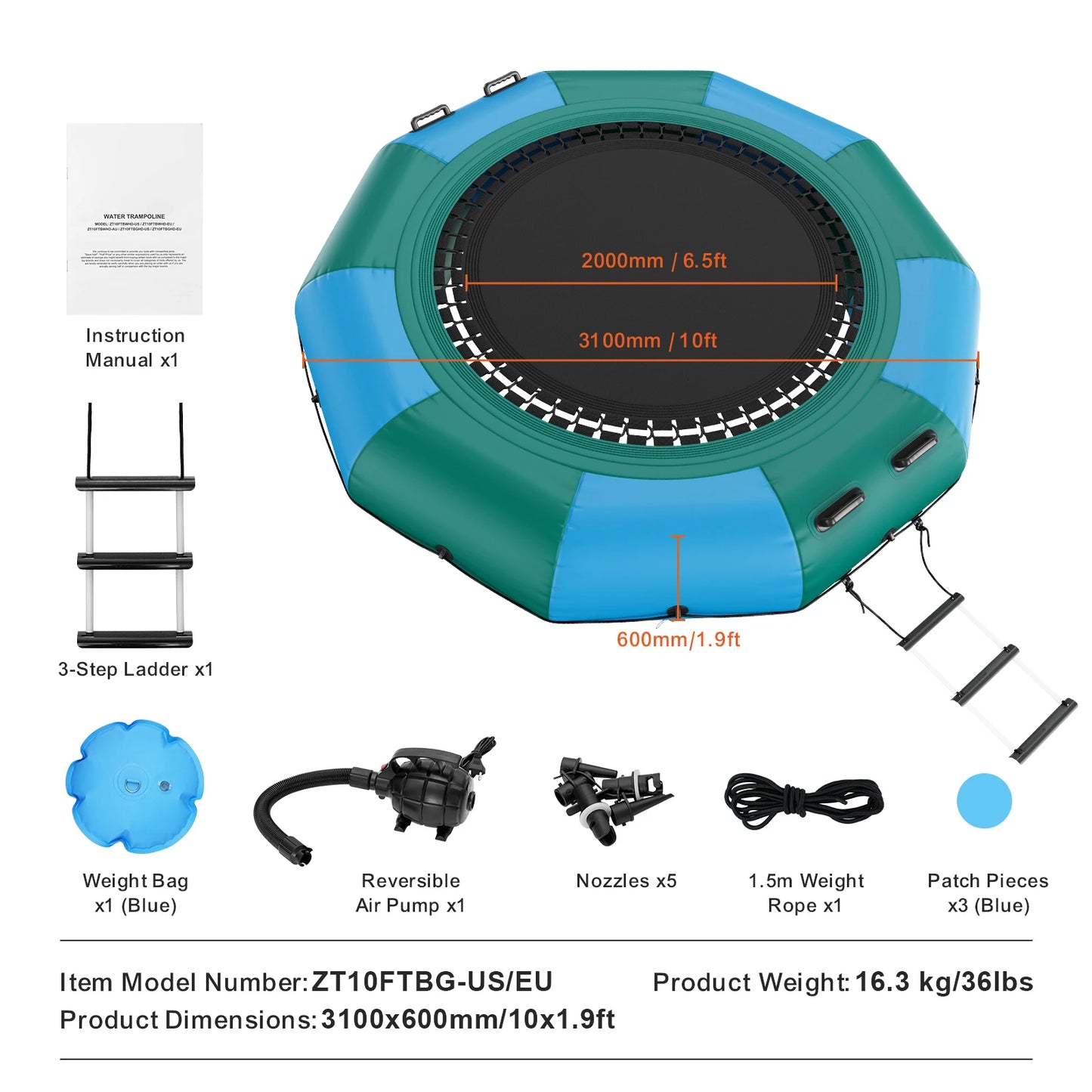 SucceBuy Inflatable Water Bouncer Recreational Water Trampoline Portable Bounce Swim Platform Kids Adults Floating Rebounder