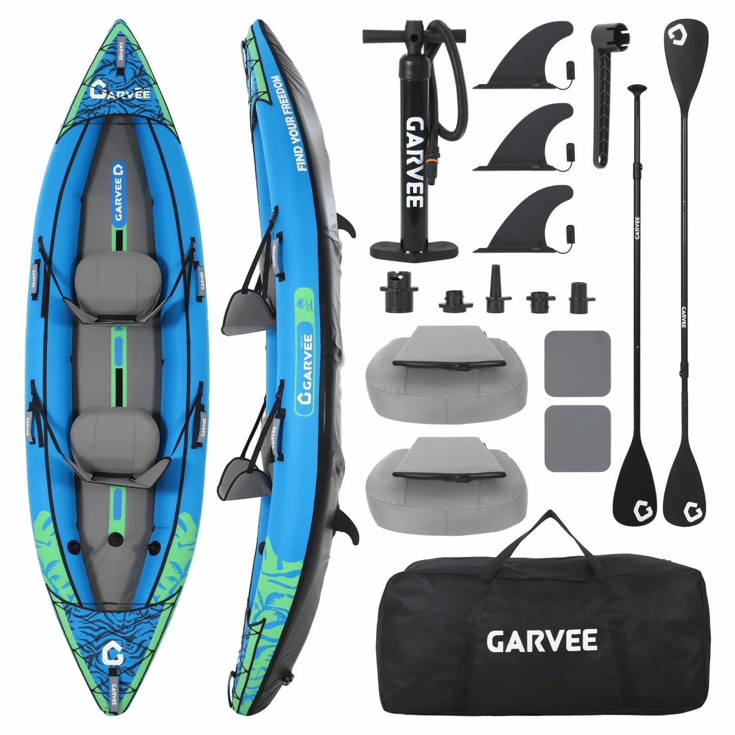 2 Person Inflatable Kayak, Fishing Kayak, Portable Touring Kayaks with Padded Seat, 3 Fins, Hand Pump, Carry Bag, Repair Kit