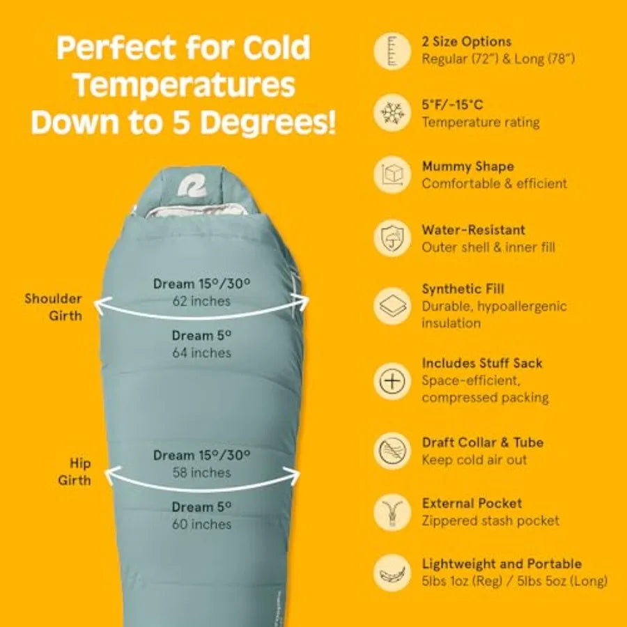Dream Mummy Sleeping Bag - 5 15 and 30°F Cold Weather Camping and Travel Essential Gear with Water - Resistant Shell and Synthe