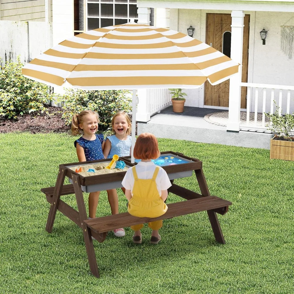 4-in-1 Kids Picnic Table with Sand Water Play, Adjustable Umbrella, Wooden Outdoor Activity Set for Backyard Garden