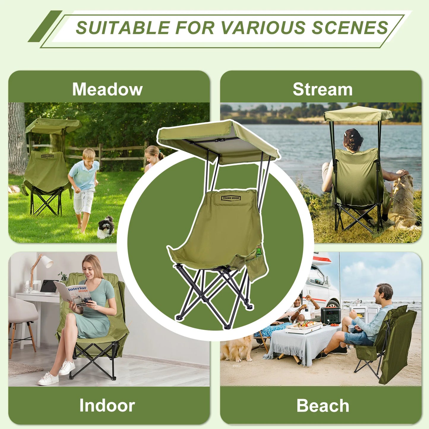 YOUNG WOOD Portable Camping Chair Beach Chair with Shade Canopy, Fold Lightweight Oversized for All, Easy to Open and Close