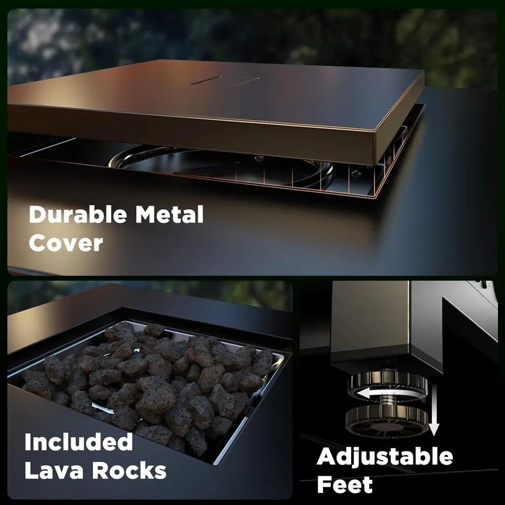 32 Outdoor Gas Fire Pit, 50,000 BTU, Black Steel Table with Lid & Lava Rocks for Patio, Deck, or Garden