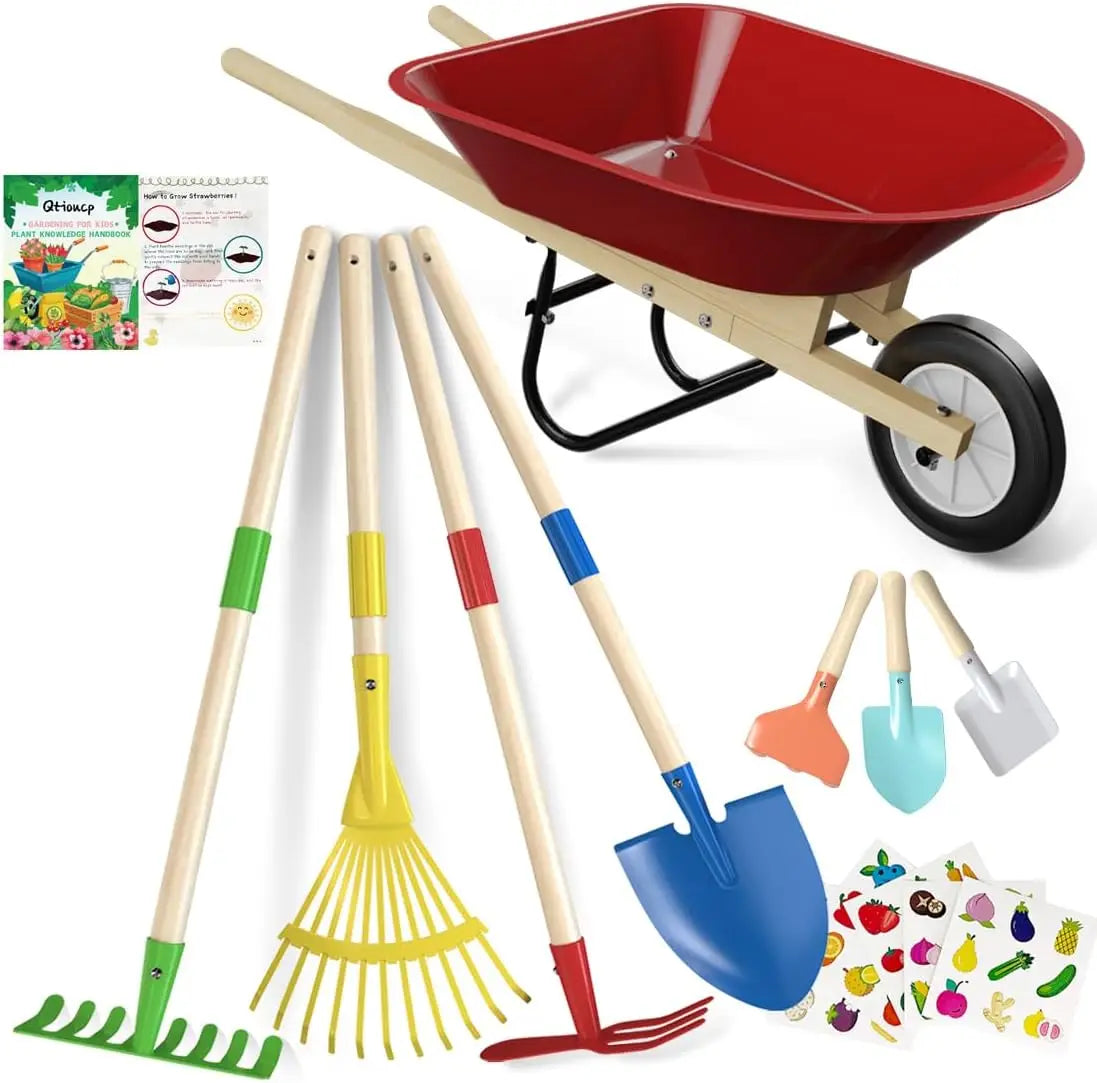 Kids Wheelbarrow Set with Gardening Tools for Outdoor Backyard Play, Toddlers Boys Girls 3-8, Easter Birthday Gifts