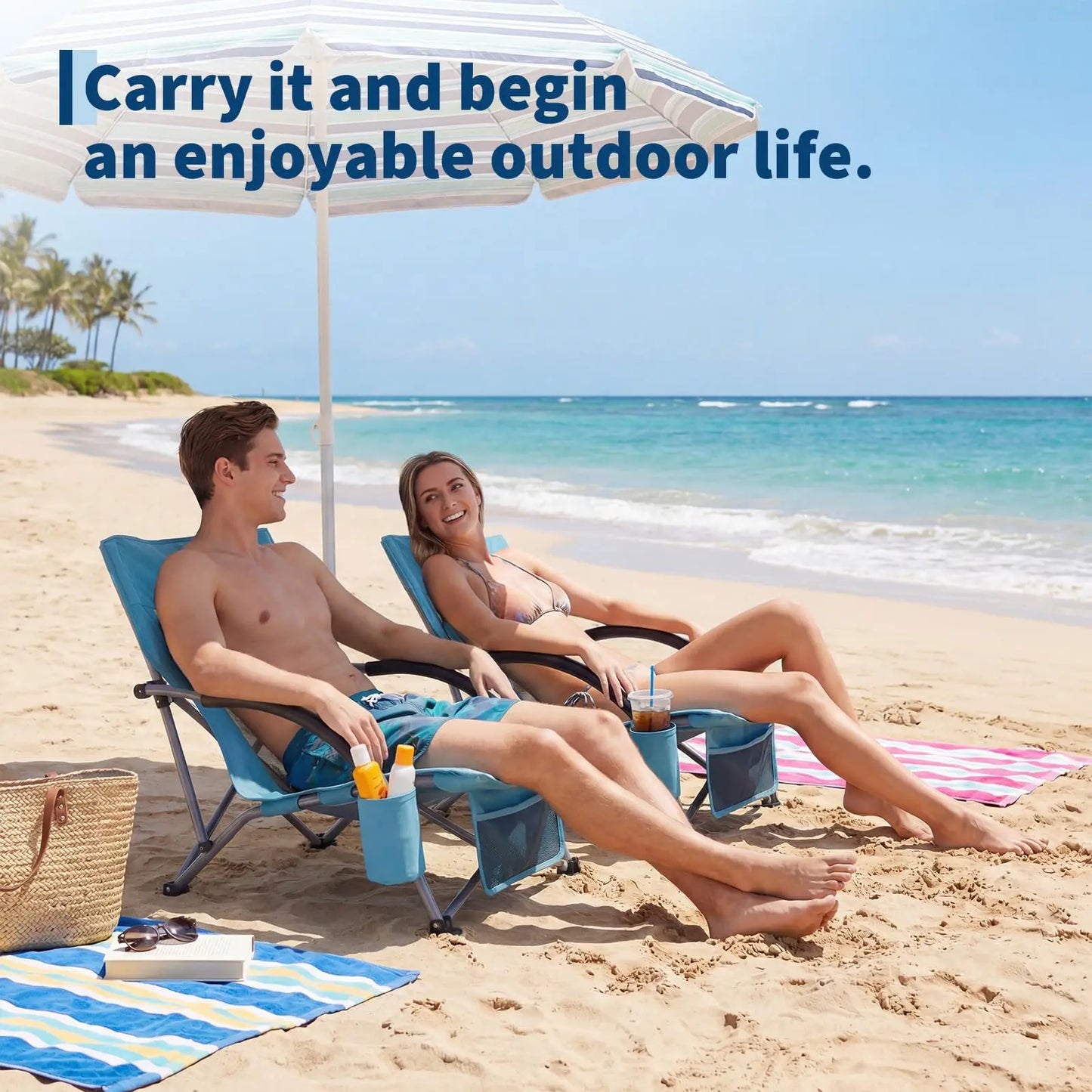 2 Pack Low Beach Chairs Folding Portable Camping Chair Heavy Duty Wide Seat With Cup Holder Carry Bag For Outdoor Sand Travel
