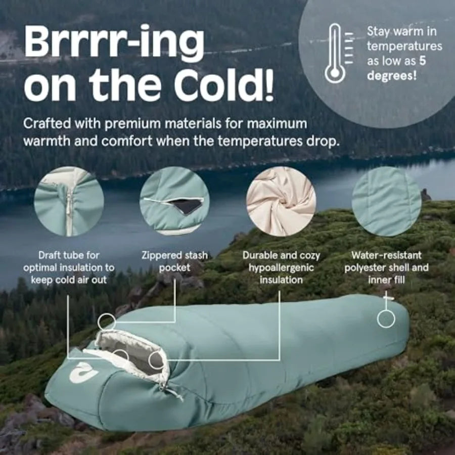 Dream Mummy Sleeping Bag - 5 15 and 30°F Cold Weather Camping and Travel Essential Gear with Water - Resistant Shell and Synthe