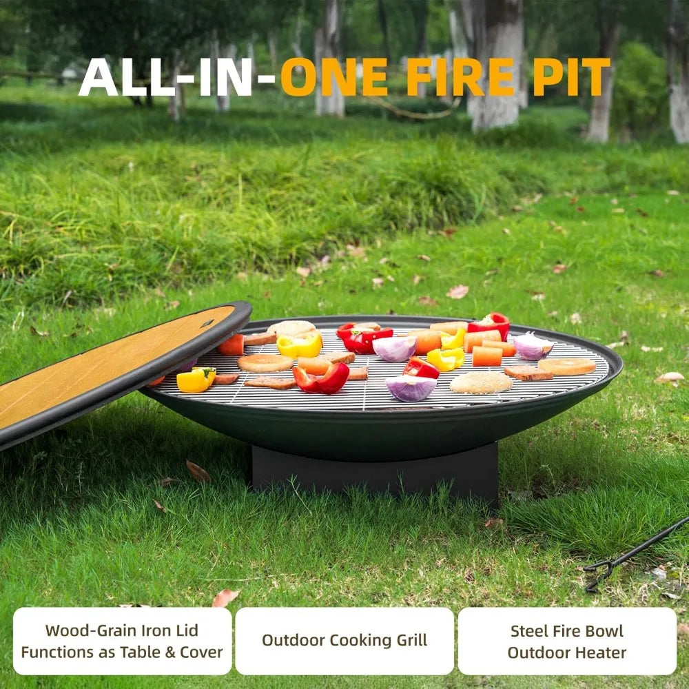 Large Outdoor Wood Burning Fire Pit Table with Grill and Cover for Backyard Patio