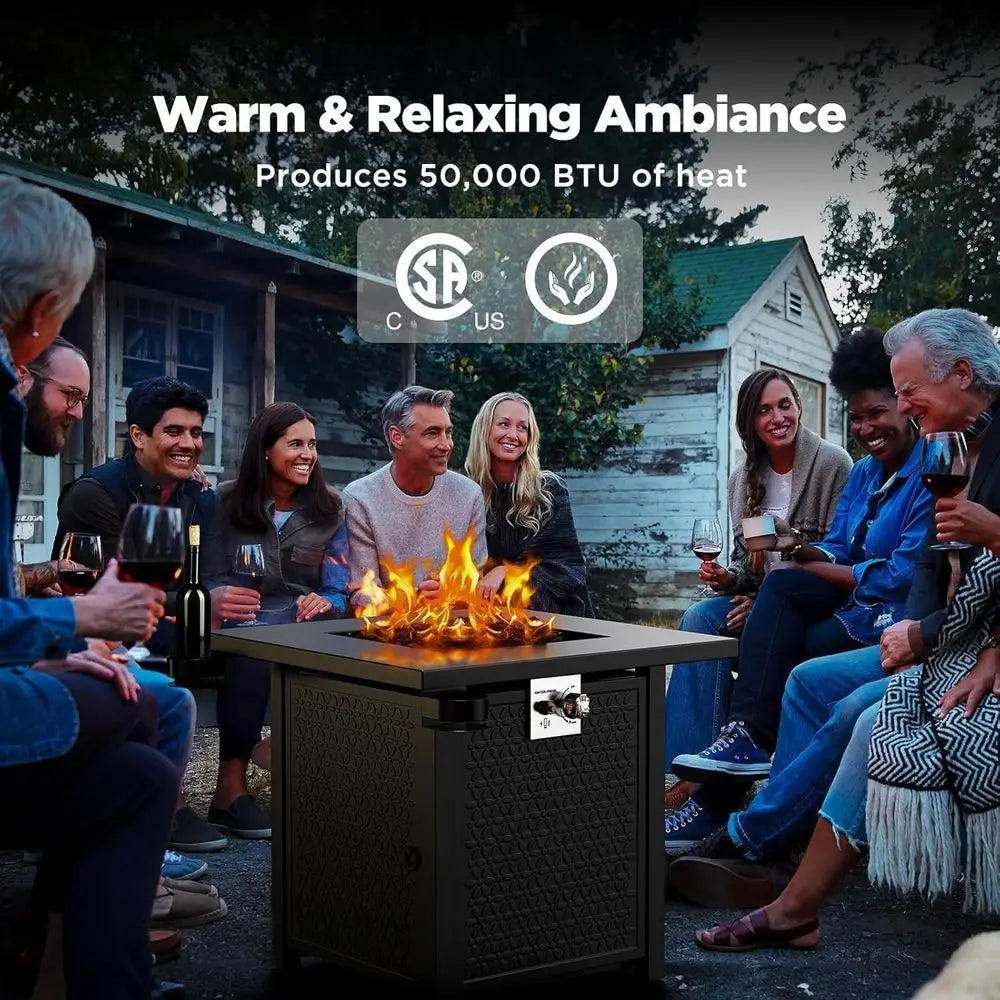 32 Outdoor Gas Fire Pit, 50,000 BTU, Black Steel Table with Lid & Lava Rocks for Patio, Deck, or Garden
