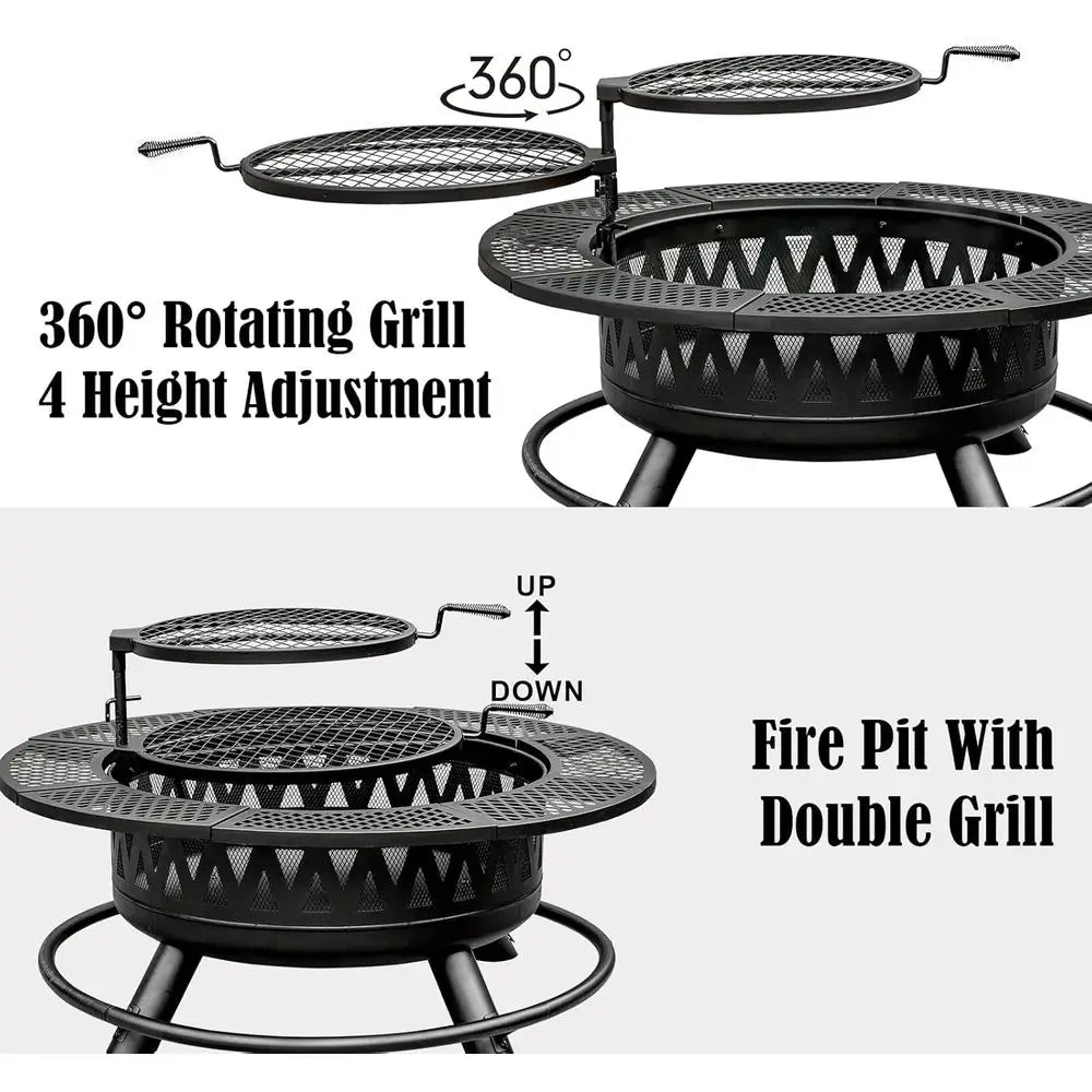 42 Inch Fire Pit with 2 Grills, Large Outdoor Firepits for Outside, Wood Burning Fireplace for Camping,Picnic,Bonfire, 3-in-1 Ro
