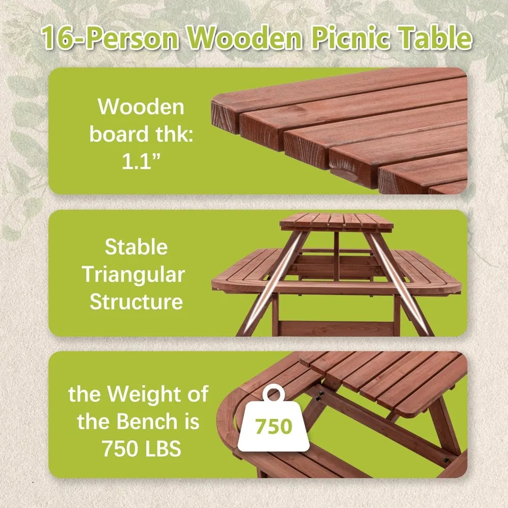 121" Long Wooden Outdoor Picnic Table with Built-in Benches for 14-16 Persons, Rustic Brown Patio Dining Set with Umbrella Hole