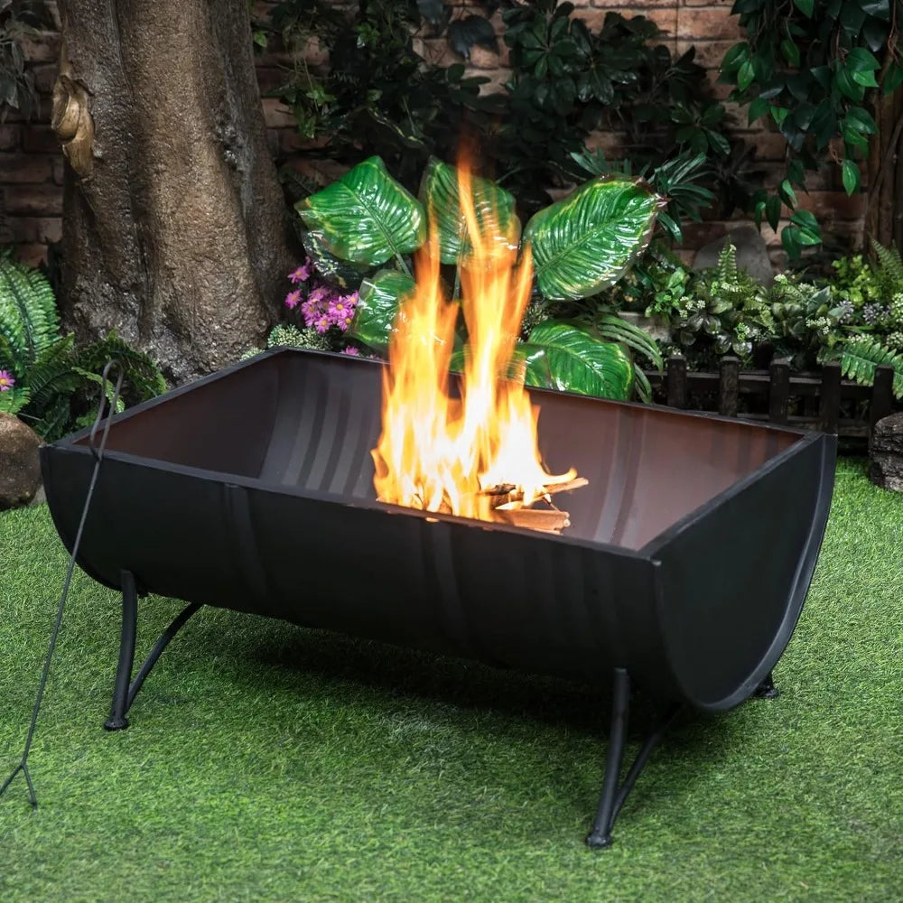 35-Inch Large Oval Barrel Wood Burner Firepit Patio Firebowl for Outside Use - Outdoor Wood Burning Fire Pit with Spark Screen a
