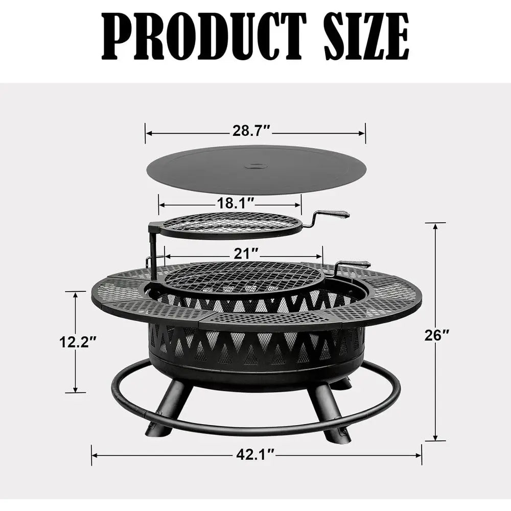 42 Inch Fire Pit with 2 Grills, Large Outdoor Firepits for Outside, Wood Burning Fireplace for Camping,Picnic,Bonfire, 3-in-1 Ro