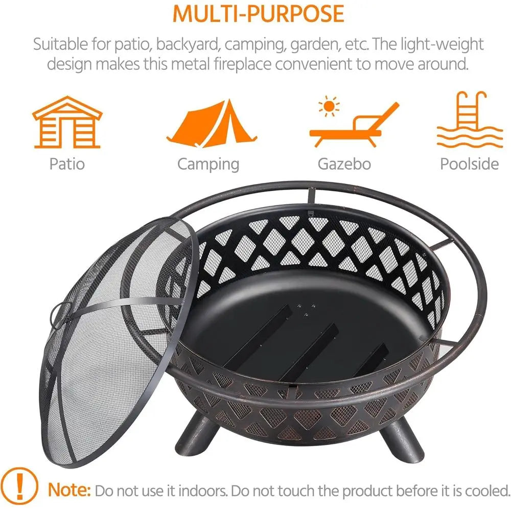36 Outdoor Wood-Burning Fire Pit with Mesh Screen, Poker, and Rain Cover for Patio BBQ and Bonfires