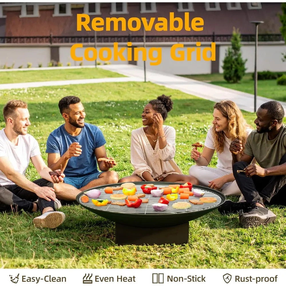 Large Outdoor Wood Burning Fire Pit Table with Grill and Cover for Backyard Patio