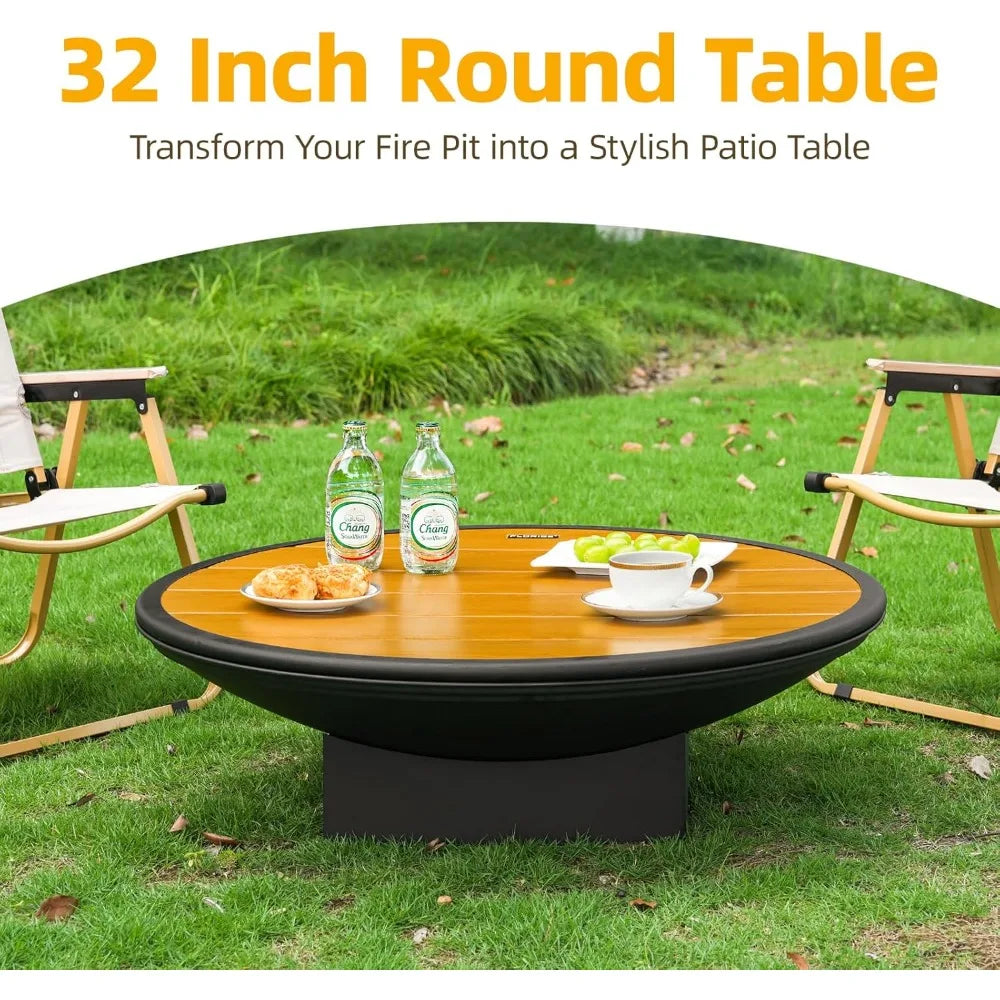 Large Outdoor Wood Burning Fire Pit Table with Grill and Cover for Backyard Patio