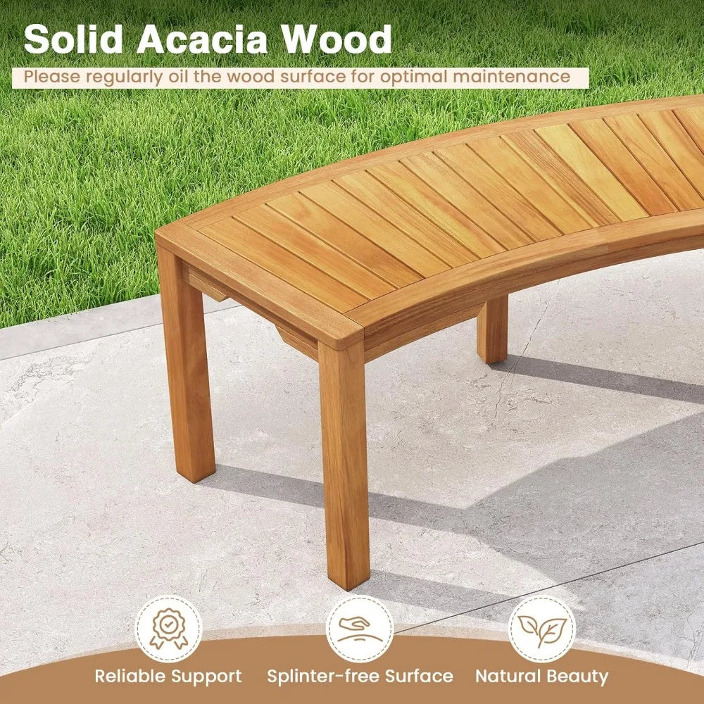 Moccha Outdoor Curved Bench, Acacia Wood Fire Pit Bench w/Slatted Seat, Loveseat, Outside Chair, Patio Backless 2-Person Seating