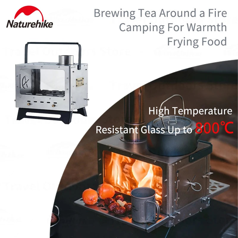 Naturehike Outdoor Wood Stove Tent Heater Stainless Steel Glass Fire Observation Boil Tea Portable Camping Furance with Chimney