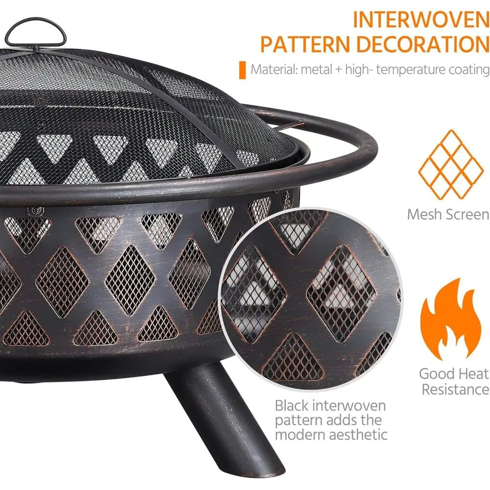36 Outdoor Wood-Burning Fire Pit with Mesh Screen, Poker, and Rain Cover for Patio BBQ and Bonfires