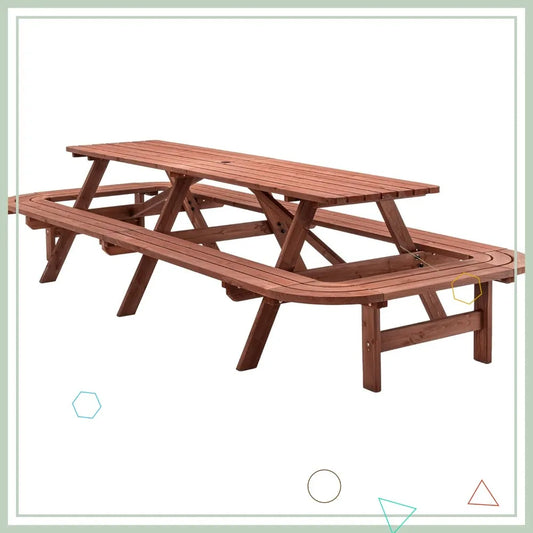 121" Long Wooden Outdoor Picnic Table with Built-in Benches for 14-16 Persons, Rustic Brown Patio Dining Set with Umbrella Hole